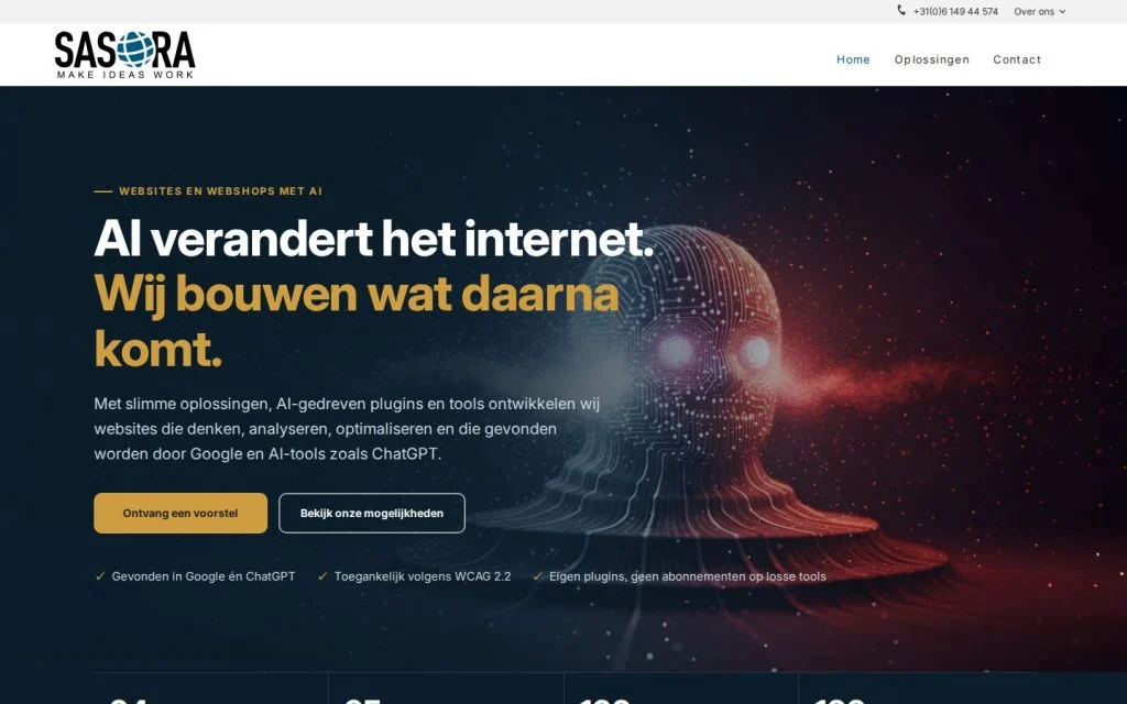 Homepage van sasora.nl: navy hero met de kop Wij bouwen wat daarna komt