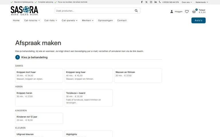 Afspraak maken: behandelingen per categorie met duur en prijs