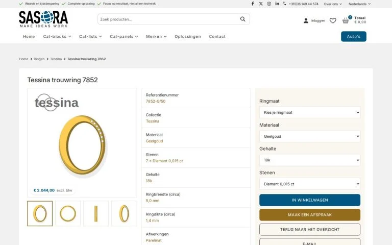 Ringconfigurator: kies ringmaat, materiaal, gehalte en stenen