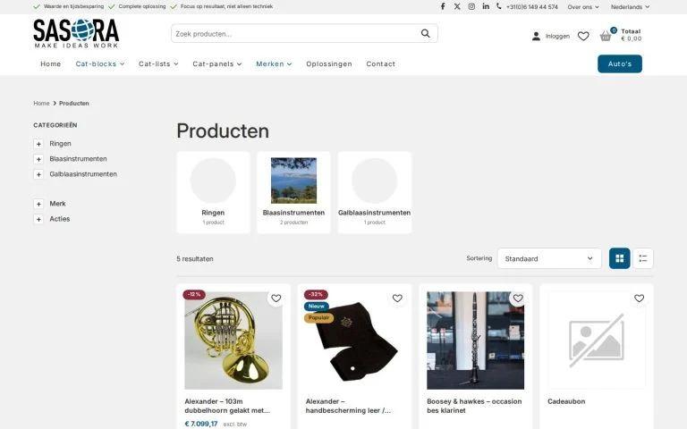 Webshop met categorieën, labels als Nieuw en Populair en favorieten